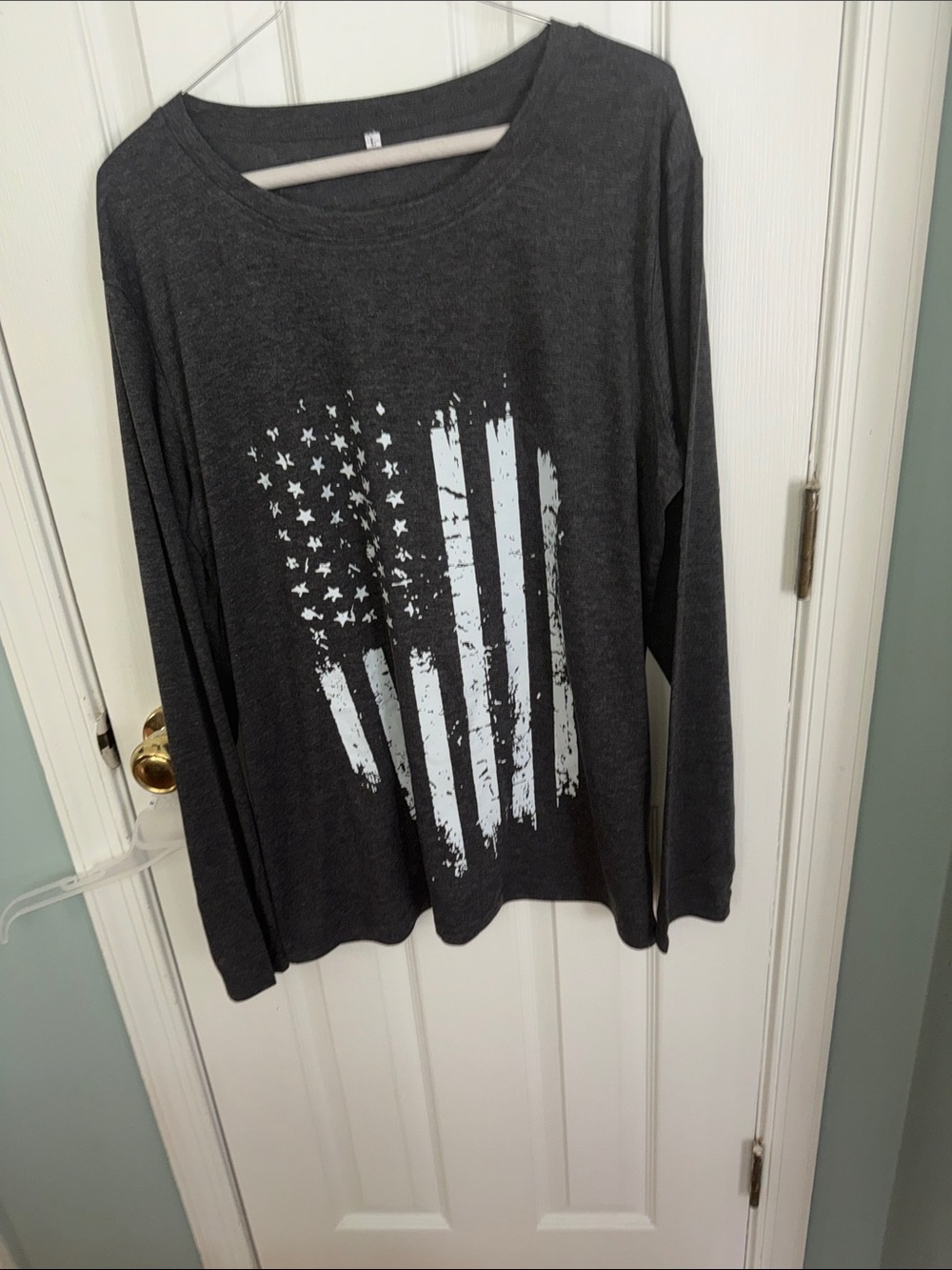 Women's Dark Gray Long Sleeve Tee with Distressed Flag Graphic